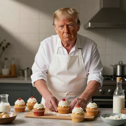 donald trump baking cupcakes with a cute apron