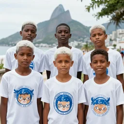five black boys with white hair and rio de janeiro public school t - shirts