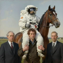 astronaut carrying a horse on his shoulders, hauntingly surreal, highly detailed painting by francis bacon, edward hopper, adrian ghenie, gerhard richter, and james jean soft light 4 k,