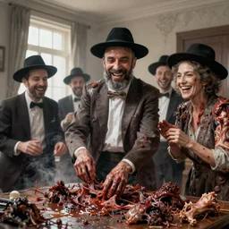 bright realistic chabad cult smiling franticly, old apartment, rotten flesh, diffuse lighting, fantasy, intricate, elegant, highly detailed, lifelike, photorealistic, digital painting, artstation, illustration, concept art, smooth, sharp focus, art by francis bacon and jenny saville