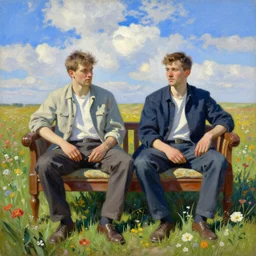 2 attractive men sitting on a coach in flower field, blue sky with clouds, painting by vladimir volegov, j. c. leyendecker, tom of finland, trending on artstation
