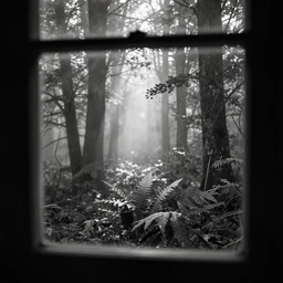 out the window, misty wood, monochrome, pinhole analogue photo quality, blur, unfocus, cinematic, 35mm