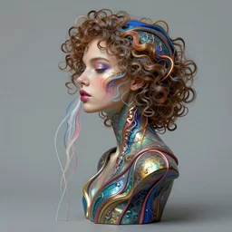 machine cover art arms lips future bass girl un wrapped statue bust curls of hair petite lush side view body photography model full body curly jellyfish lips art contrast vibrant futuristic fabric skin jellyfish material metal veins style of Jonathan Zawada, Thisset colours simple background objective