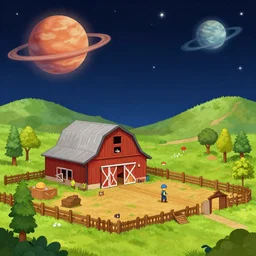 in a barn on a farm, on a remote planet, from a space themed point and click 2 d graphic adventure game, art inspired by thomas kinkade
