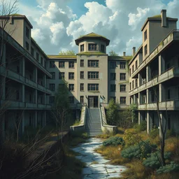a beautiful ultradetailed painting of urbex building abandoned hospital nature city unfinished building architecture by april gornik, stormy darkacademia, archdaily, wallpaper, highly detailed, trending on artstation.