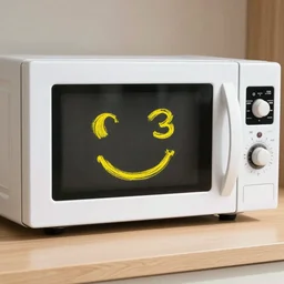 A microwave with a cartoon :3 face drawn in yellow crayon