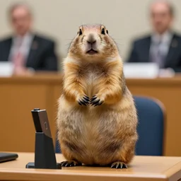 a obese prairie dog in a press confenrece room, giving a presidential speech