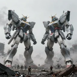 two giant mechas fighting over a ruined Japan, massive scale, atmospheric, fog, industrial, bulky, concept art, photorealistic, overcast, ground crew, wreckage
