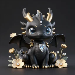 black cute little dragon, flowers, black gold light blue, diamonds, highly detailed, artgerm, cushart krenz, artstation, soft light, sharp focus, illustration, character design, concept art