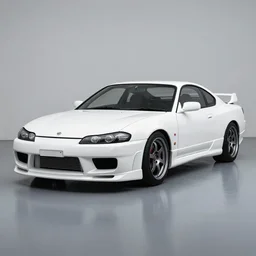 white Nissan Silvia S15 made in 2020 modern Silvia S15 designed in 2020 parked on street wide angle photo 45mm mid distance