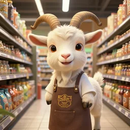 portrait of a cute animal pixar dreamworks disney goat as a shopkeeper in a modern supermarket, deep focus, shopping aisle, league of legends, d & d, fantasy, intricate, elegant, highly detailed, digital painting, artstation, concept art, matte, sharp focus, illustration, hearthstone, art by artgerm and greg rutkowski and alphonse mucha