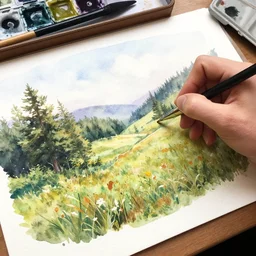 pov image of hand painting a watercolour landscape, accurate!! highly detailed. realistic, volumetric lighting, by artgerm and magali villanueve and michael whelan, artstation, 4 k