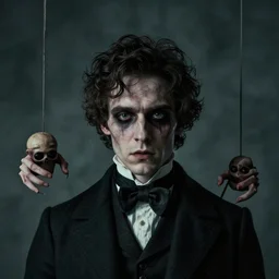 detailed cinematic moody colors studio portrait of a possesed young victorian gentleman being controlled like a puppet, creepy evil vibe, high quality by jeremy mann, only one head single portrait