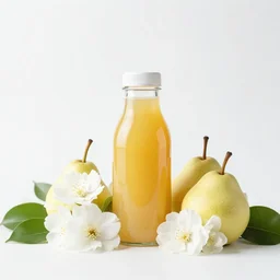 juice bottle surrounded by white flowers, green leaves, and pears, soft zen minimalist, white background, bright, crisp