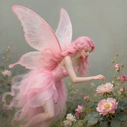 d & d style a pink beautiful fairy with large wings and flowing hair and beautiful face is exploring her flower garden, art by greg rutkowski, extremely detailed, muted colors, negative space