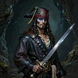 photo of a spectral pirate, head and torso, standing in a grotto, holding a sword, intricate, elegant, highly detailed, digital painting, artstation, concept art, smooth, sharp focus uhd 8 k, dark, atmospheric by richard corbin