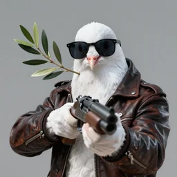 a tough white dove with sunglasses and a leather jacket holding an olive branch in its beak and pointing a shotgun at the viewer, digital art, high detail, beautiful