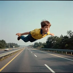 7 0 s film still from a horror movie about a boy flying above the interstate highway, kodachrome, cinecolor, cinestill, film grain, film texture, retro, cinematic, high resolution, photorealism,