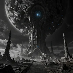 exoplanet landscape, massive alien tech, black mos eisley, skeletal temple buildings, hr giger, black clouds, octane render, hd, cinematic, beksinski