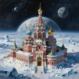 an epic painting of a Russian city on an airless icy planet in the endless starry night of space, unreal 5, DAZ, detailed, soft focus, brilliant, 4k, 8k, HD, trending on artstation, art by Rick Guidice painting by Robert McCall by John Harris