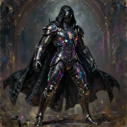 dark cyborg armour made of intricate complex circuitry and microchips, iridescent, black cloak, warrior assassin!!!, black full body, colorful, intricate linework, gothic baroque, athletic stance, magical, realistic oil painting, artstation, rutkowski, wlop, chebokha, artgerm