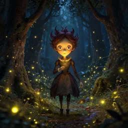 an enchanted forest full of fireflies, night, warm light, fantasy art, in the style of coraline the movie
