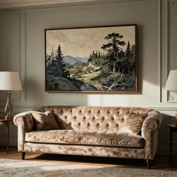 an elegant room with classic furniture and a quilted sofa art by horst p. horst