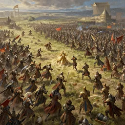 a panorama of fantasy armies fighting each other on a battlefield, intricate, highly detailed, digital painting, artstation, concept art, smooth, sharp focus, illustration, unreal engine 5, 8 k, art by artgerm and greg rutkowski and alphonse mucha