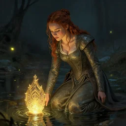 Natalie Dormer as Margaery Tyrell as a ruggedly handsome heroine kneeling next to a glowing artifact lodged in shallow water, intricate, elegant, highly detailed, artstation, concept art, smooth, sharp focus, illustration, art by artgerm and donato giancola and Joseph Christian Leyendecker, WLOP, fireflies