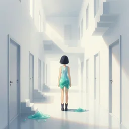 a slimegirl woman made of slime in a bright white hallway with many doors and many stairs, Mc Escher architecture, epic composition, by Makoto Shinkai
