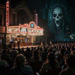 PHOTOREALISTIC old movie theatre, crowd, film screening, 8K, NIGHTMARE, DETAILED, Octane render, HORROR, BY gregory Crewdson
