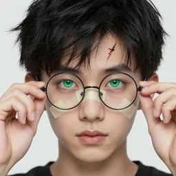 boy thin face, black hair, and bright green eyes. wearing round glasses held together with a lot of scotch tape. a very thin scar on his forehead like a bolt of lightning, hyper realistic face, beautiful eyes, fantasy art, in the style of greg rutkowski, intricate, hyper detailed, smooth