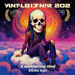 a wandering mind by victo ngai, kilian eng vibrant colors, winning - award masterpiece, fantastically gaudy, aesthetic octane render, cyberskull portrait inspired in beksinski and dan mumford work, remixed with simon stalenhag work, sitting on the cosmic cloudscape