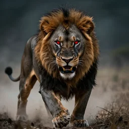 angry horrifying attacking lion, pouncing, cinematic, terrifying, centered, red eyes, black fur, hyper - realistic
