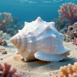 conch shell under the sea, corals, sand, volumetric light, unreal engine, 4 k, realistic, by jim burns and greg rutkowski