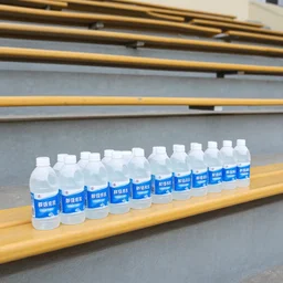 a set of bleachers, with bottles of bleach stacked neatly on the benches