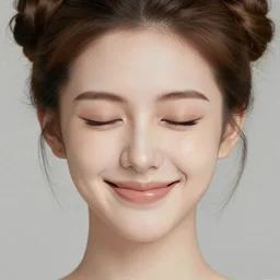 a beautiful face of a young pale woman with closed eyes, small lips pointy nose, cheeks, and brown hair in two buns, smiling seductivly