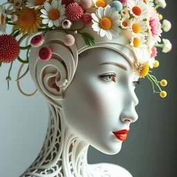 biomechanical beautiful woman portrait with a smooth carved porcelain ivory profile face, futuristic haute couture, iris van herpin, headdress with daisies, colorful puffballs, leaves, tendrils, mushrooms, rhizomorphs, brackets, sponge corals, laser cut paper, red lips, magnesium, hyper detailed, ultra sharp, 8 k, uhd