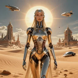 centered detailed portrait of a beautiful cyborg in the desert, single character, volumetric, sci fi, space ships in the enviroment, fantasy scheme, wonderfull city with amazing houses | coherence | art by jean giraud and moebius