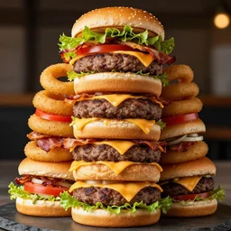 a cheeseburger tower made of gigantic stacks of meat patties, bacon, onion rings, tomatoes, lettuce and cheese slices with a bun on each side, delicious looking burger - stack - tower