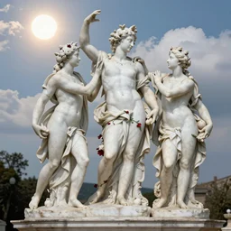tilt shift, prismatic, italian masterpieces, white marble sculptures, baroque, beautiful, gracious, pagans, marble, clouds, sun, fruits, bioluminescent skin, draped with red flowers and vines, ultra detailed