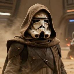 star wars film still, closeup portrait of a dirty jedi sandtrooper wearing a hooded cloak in a desert spaceport, dust, scum and villainy, rim light, embers, hyper detailed, smooth, high contrast, concept art, gta v, volumetric lighting, ralph mcquarrie, doug chiang, ryan church