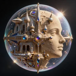 space ship, half soap bubble mind, half symetrical highly detailed ornate with jewels and precious metals futuristic, half sandman kingdom, half kingdom of dreams, space ships, hiperrealistc, global illumination, radiant light, art by leo and diane dillon, ralph horsley