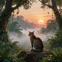 a cat seated on a rock in a jungle!, mist, tropical trees, vines, birds, sunset!, fluffy clouds, warm colors, beautiful lighting, digital art, intricate details, trending on artstation