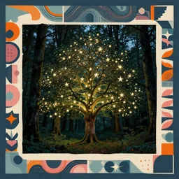 a glowing tree full of stars in a forest in england, sense of longing, rule of thirds, clever design, decorative modern graphic design collage border, by hannah hoch and jesse treece and christian jackson and josh brill