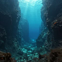 down below the mariana trench, digital painting, highly detailed, concept art, trending on artstation, epic composition, sharp focus, flawless render, masterpiece, volumetric lighting