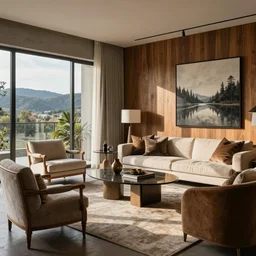 a tastefully - decorated living room with luxurious furnishings, and a mix of antique and modern furniture, and a mix of concrete and wood finishes