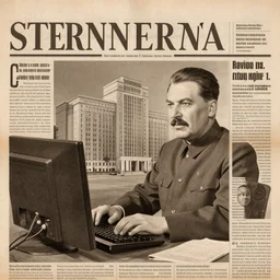 stalin building a pc, newspaper photography, photorealistic
