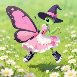 butterfly pokemon with black eyes and antennae like a mantis wearing a floe pink maid dress floating over a field of daisies wearing converse skater shoes and a witch hat, concept art by pusty xox, brent hollowell artstation