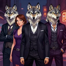 the wolfs squad, pop art, pixel, bioshock art style, gta chinatown art style, 4 k, aesthetic lighting, face features, body features, ultra realistic art, digital painting, concept art, smooth, sharp focus, illustration, intricate, without duplication, elegant, confident posse, art by artgerm and richard hamilton and mimmo rottela, kirokaze and paul robertson